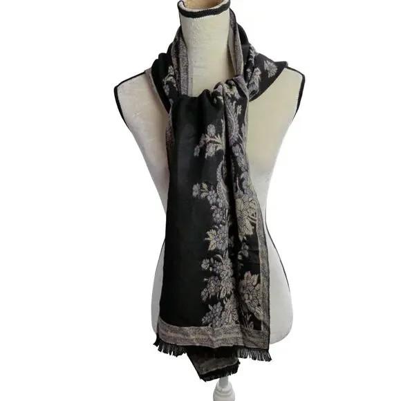 100% Cashmere Black Floral Paisley Scarf Shawl Wrap Fringe Soft Winter Cozy - Picture 2 of 7